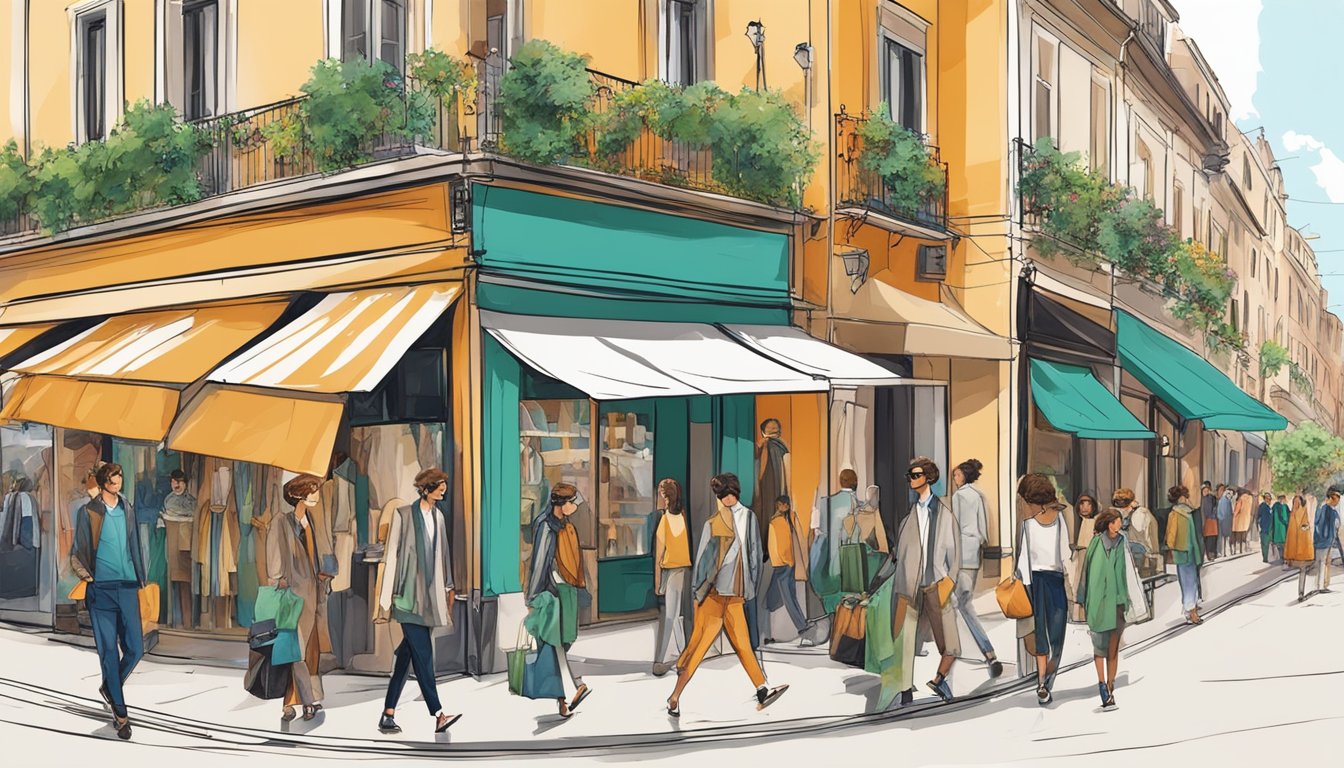A bustling Italian city street with modern, eco-friendly menswear shops and sustainable fashion displays. Vibrant colors and innovative designs reflect future trends in Italian mens clothing brands