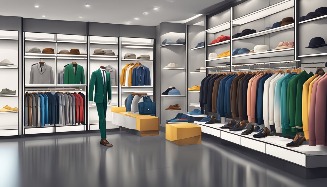 A colorful display of Italian mens clothing brands with logos and tags. Mannequins dressed in stylish outfits. Shelves neatly organized with various clothing items