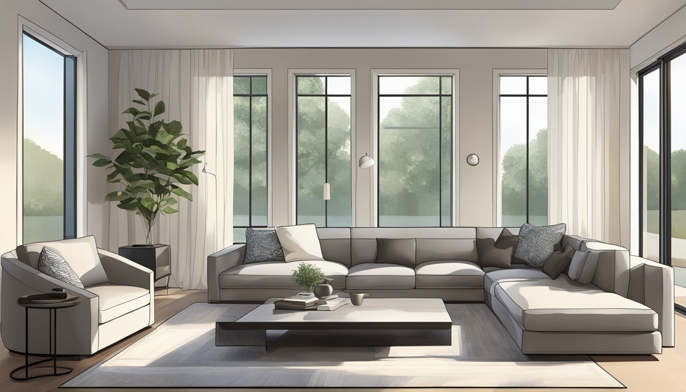 A sleek, modern living room with minimalist furniture and clean lines. A large window lets in natural light, highlighting the sophisticated design of the J Brand Houlihan collection