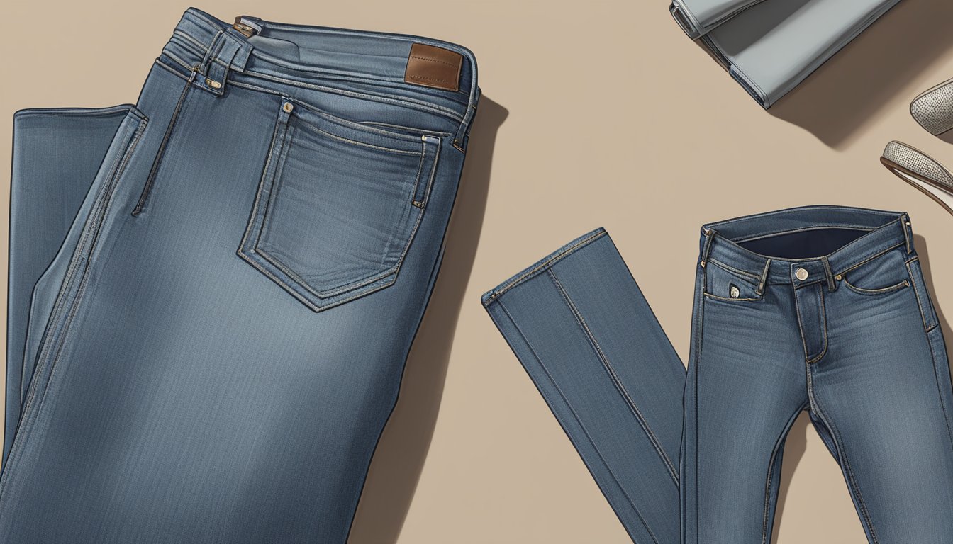 A neatly folded pair of Houlihan J Brand jeans on a clean, modern table
