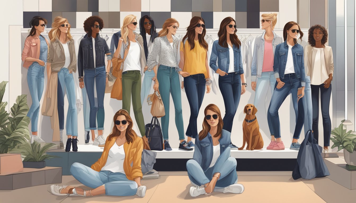 A crowd of fashion-forward individuals eagerly surrounds a display of J Brand Houlihan jeans, influenced by celebrity endorsements. Trendy colors and styles catch the eye, reflecting the market's current demand