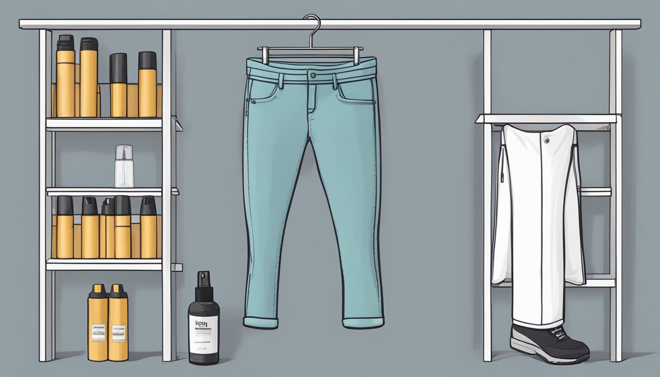 A neatly folded pair of J Brand Houlihan pants on a shelf with a bottle of fabric spray and a lint roller nearby