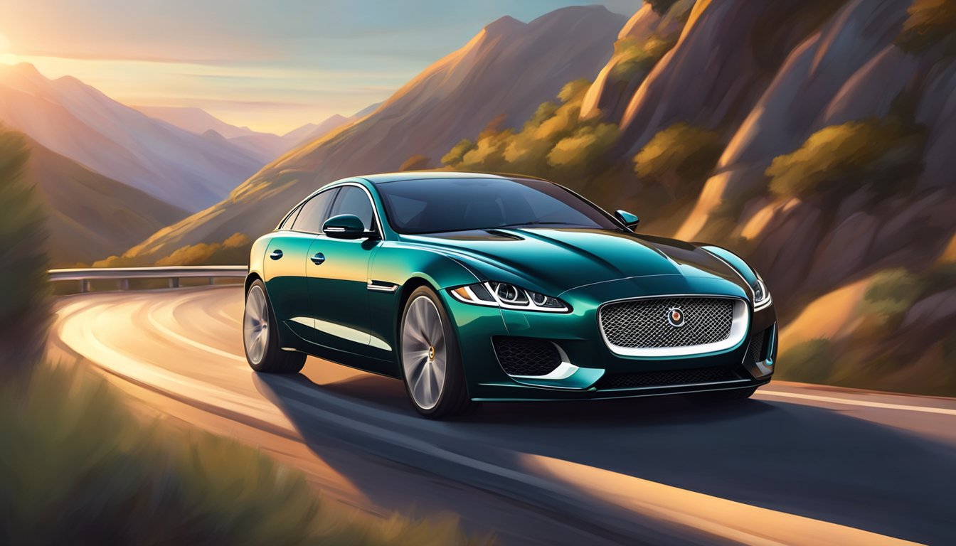 A sleek Jaguar car speeds through a winding mountain road at sunset. The elegant vehicle exudes power and luxury, with its distinctive logo shining on the hood