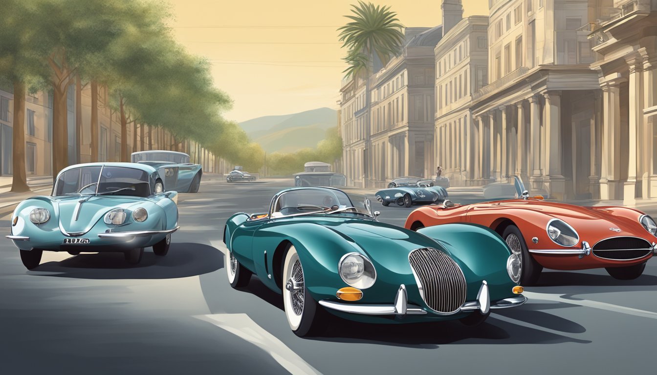 A sleek, modern Jaguar car speeds past an old, classic model, showcasing the evolution of the iconic car brand
