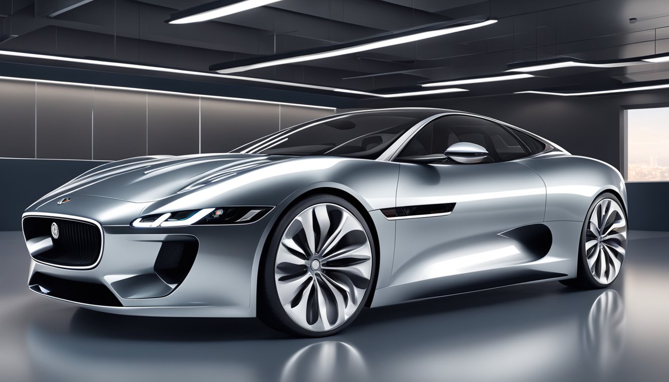 A sleek Jaguar car is showcased in a modern design studio, surrounded by innovative technology and futuristic concepts