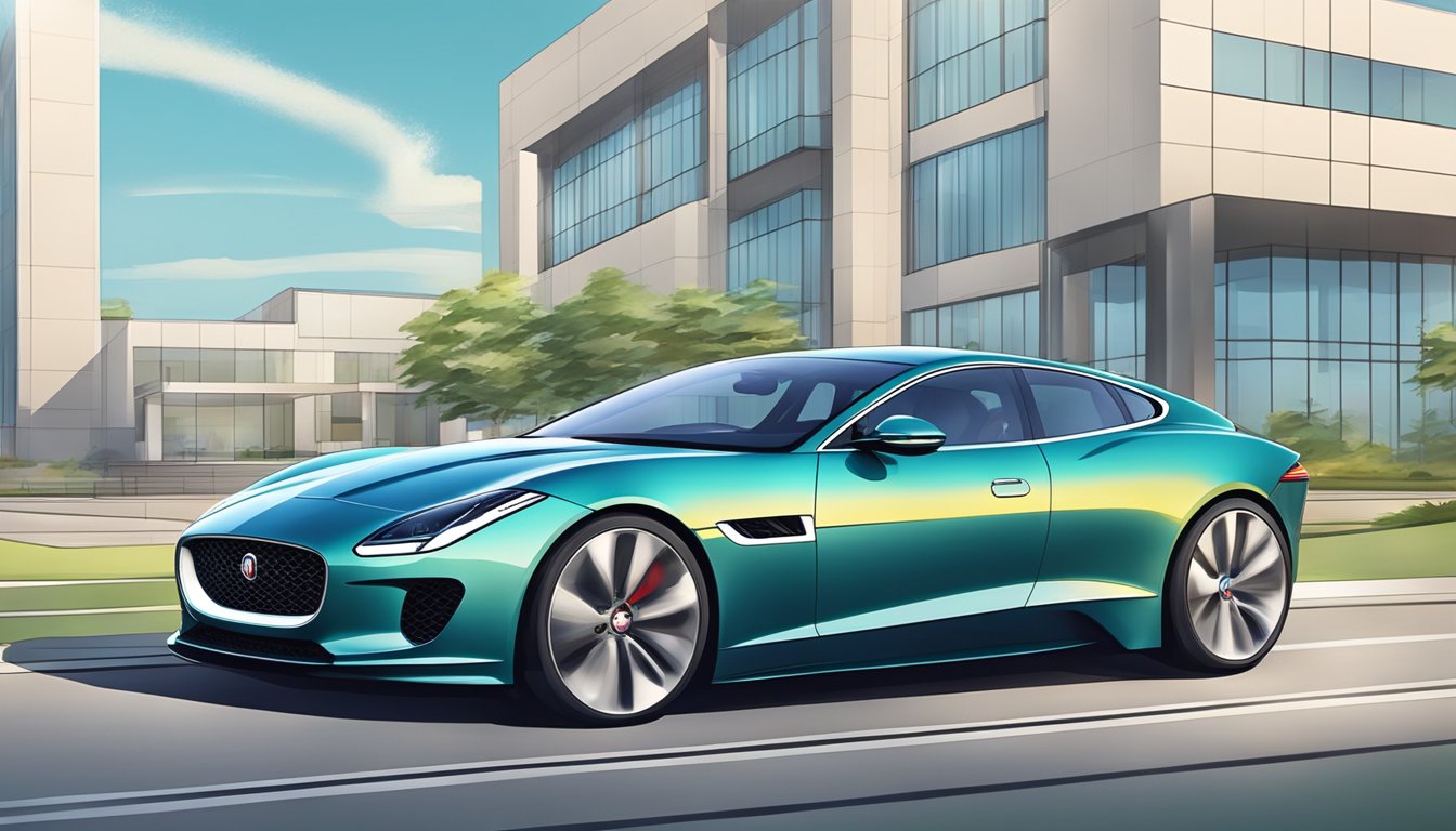 A sleek Jaguar car zooms past a modern engineering facility, showcasing the brand's performance and innovation
