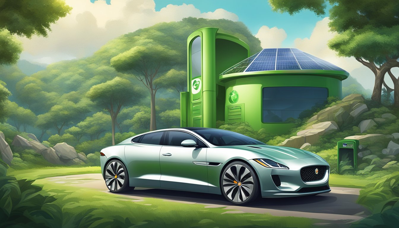 A sleek Jaguar car parked in a lush green environment, surrounded by renewable energy sources and recycling bins