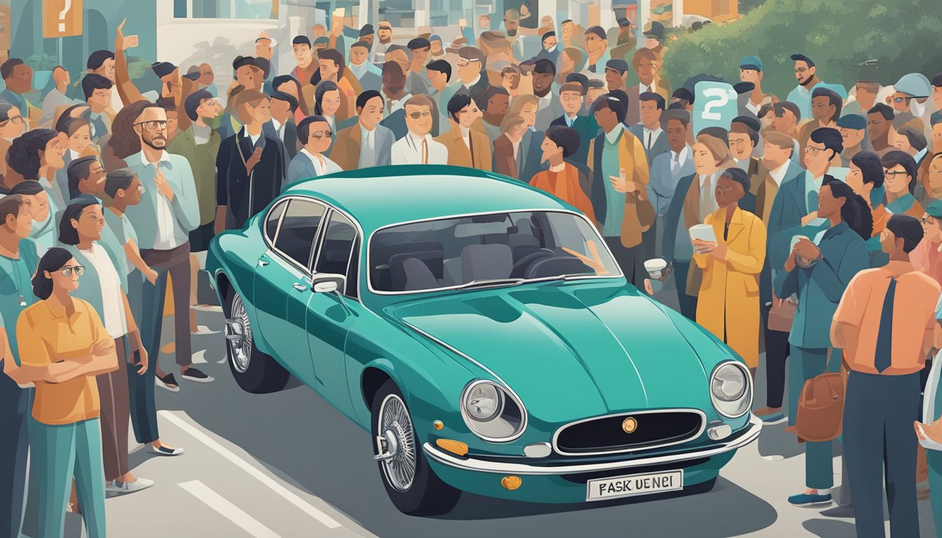 A sleek Jaguar car surrounded by a crowd of curious onlookers, with a prominent "Frequently Asked Questions" sign displayed nearby