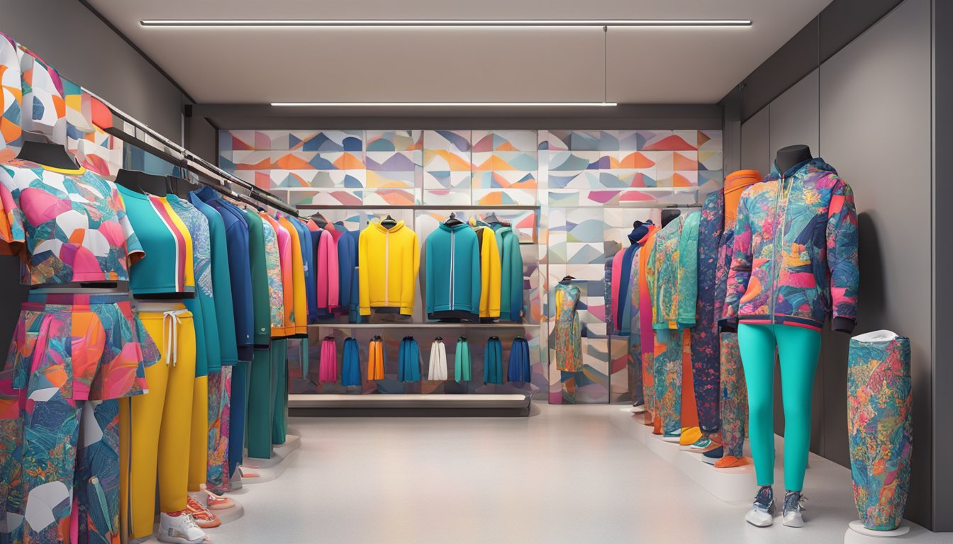 Vibrant Japanese activewear brands displayed on sleek mannequins in a modern Tokyo boutique. Bold colors and intricate patterns catch the eye