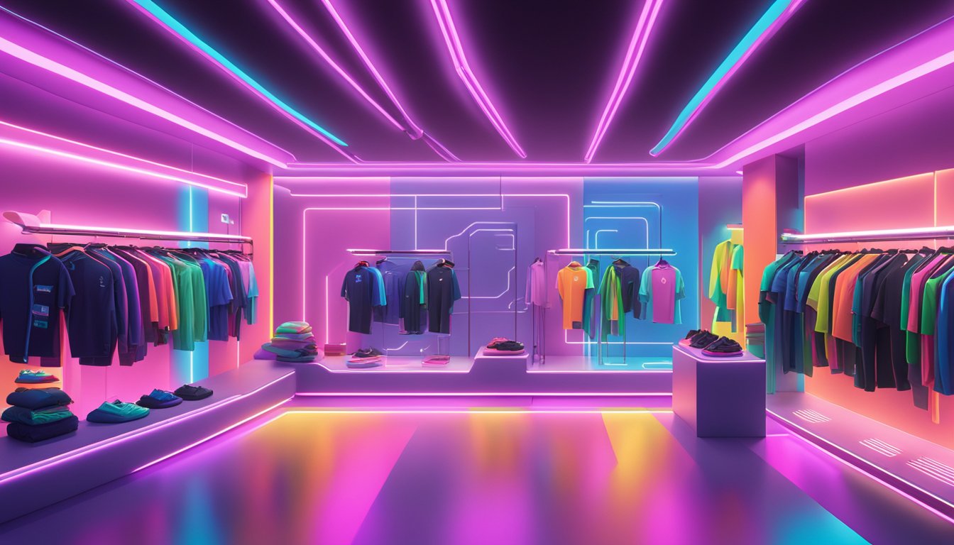 A sleek, futuristic activewear store with high-tech fabrics and cutting-edge designs. Bright neon lights and digital displays showcase the latest Japanese sportswear innovations