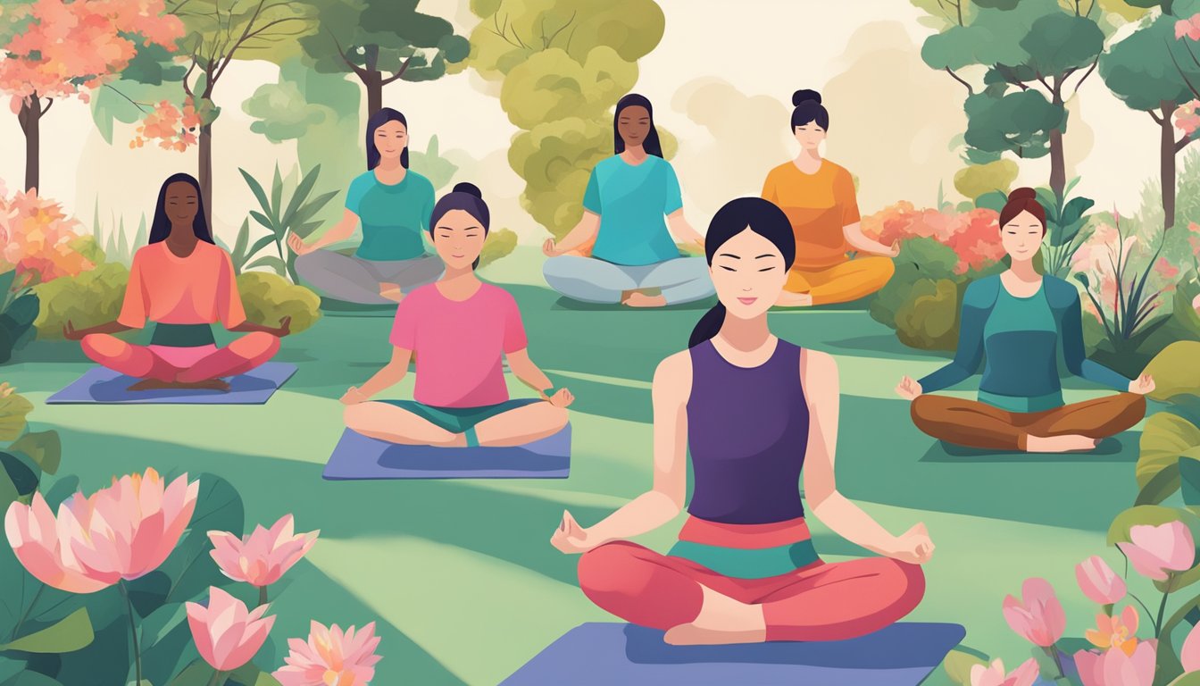 A group of women wearing vibrant activewear with Japanese cultural motifs, practicing yoga in a serene garden setting. Traditional patterns and colors are incorporated into the modern athletic designs