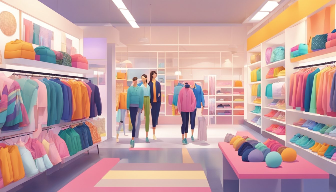 Customers browsing colorful activewear at a trendy Japanese store. Mannequins display the latest styles, while shelves hold neatly folded clothing. Bright lighting and modern decor create a welcoming atmosphere