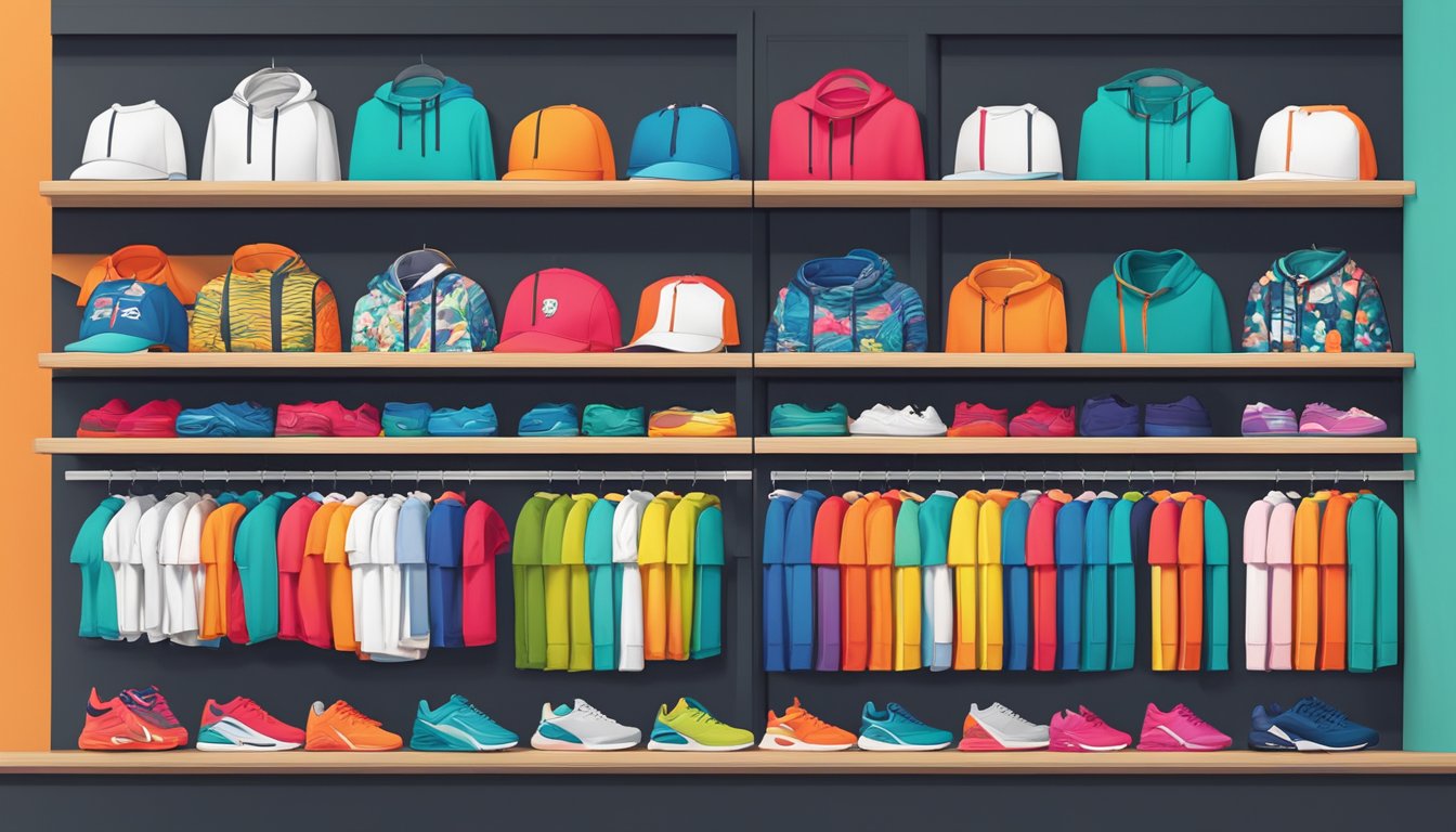A display of Japanese activewear brands with bold logos and vibrant colors, arranged neatly on shelves with accompanying price tags