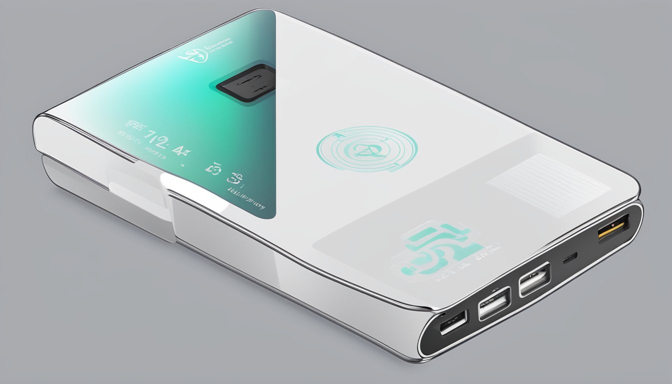 A sleek, modern power bank with Japanese branding, featuring specifications and technical details displayed prominently