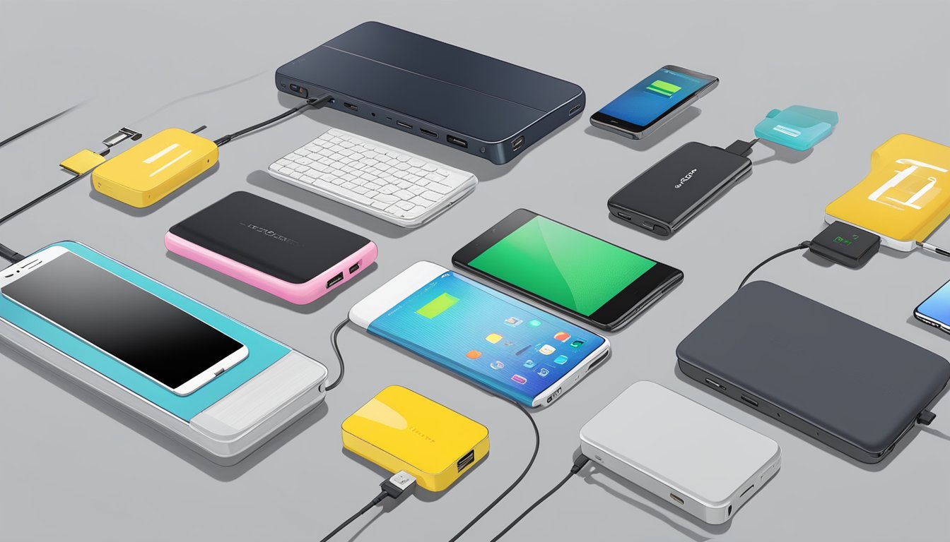A table with various Japanese power bank brands lined up, compatible with different devices