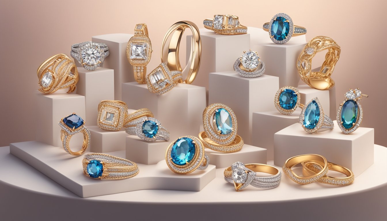 A display of elegant jewelry brands gleam under soft lighting, showcasing their allure and craftsmanship