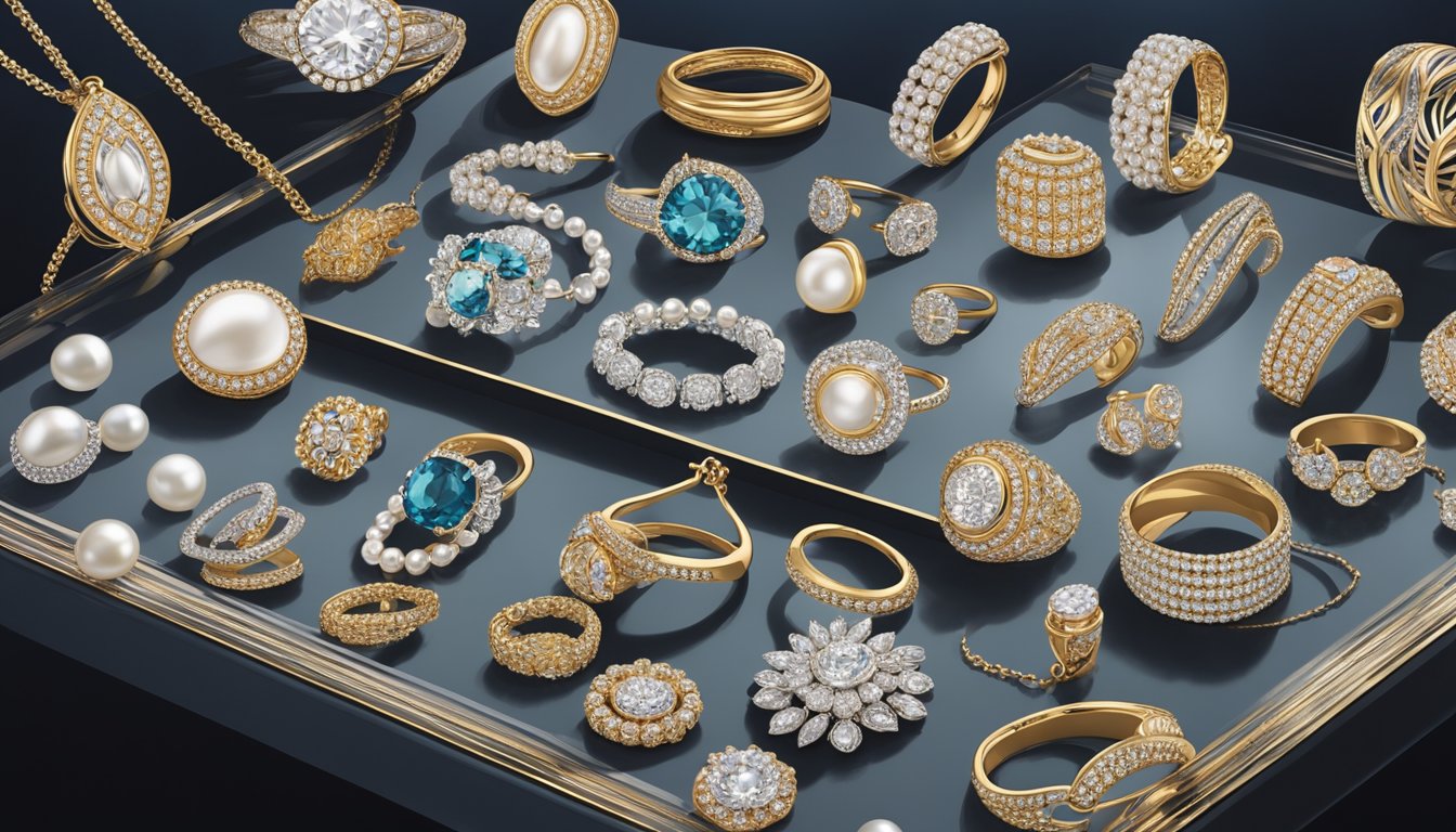 A display of elegant jewelry brands for every occasion, arranged on velvet-lined trays under soft lighting. Sparkling diamonds, lustrous pearls, and gleaming metals catch the eye