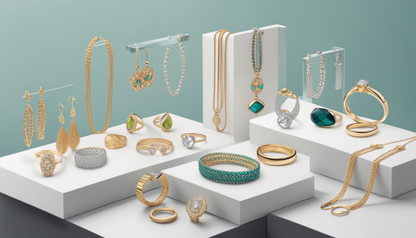 A display of various jewelry brands' accessories arranged on a sleek, modern display stand. The pieces include necklaces, bracelets, earrings, and rings in a variety of styles and materials