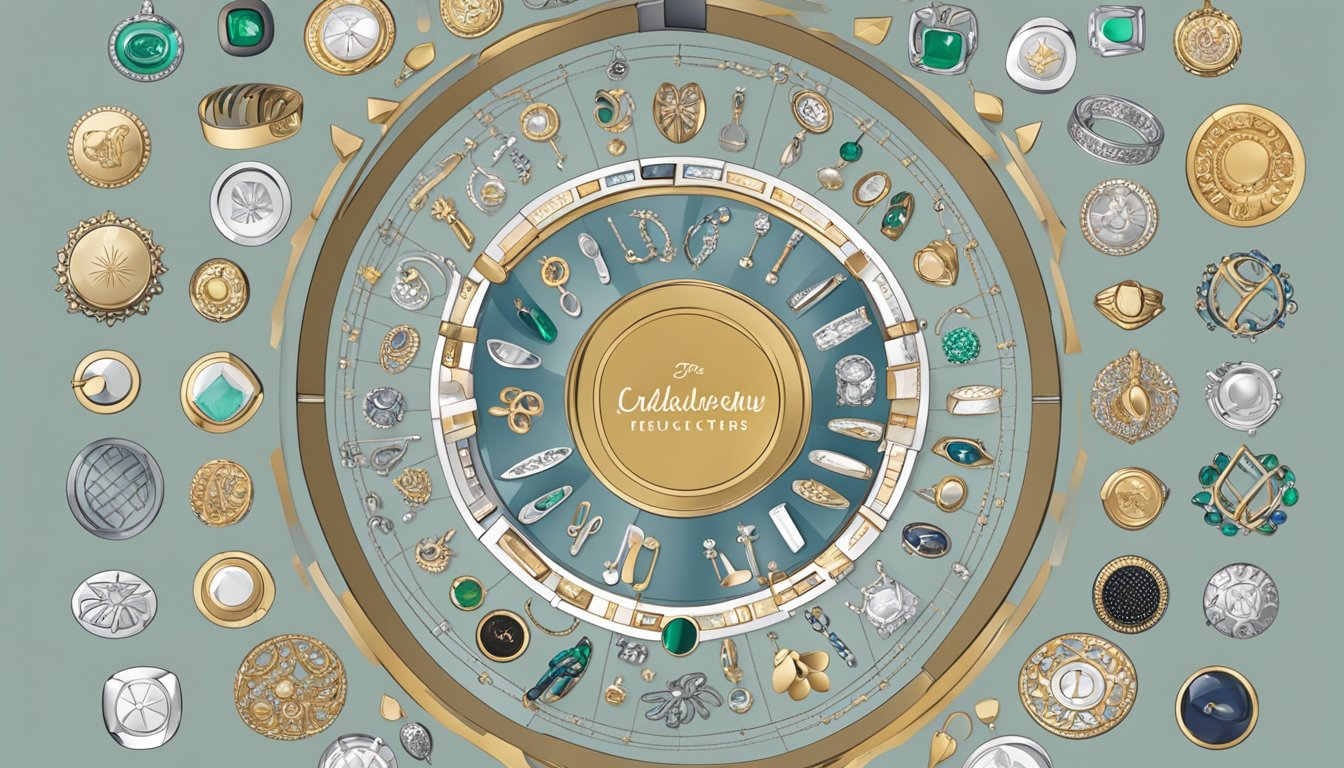 A display of jewelry brands' logos arranged in a circular pattern, with a list of frequently asked questions in bold lettering below