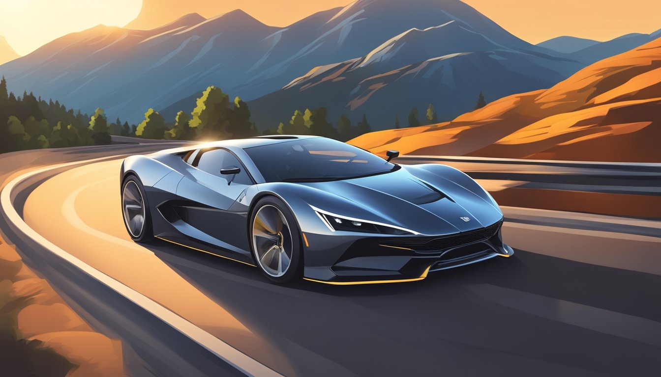A sleek K5 car speeds through a winding mountain road, with its powerful engine roaring and the sun setting in the background