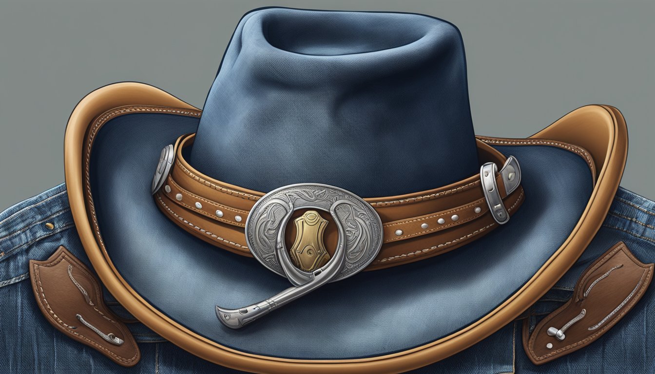 A cowboy hat resting on a denim-clad saddle, surrounded by lassos and horseshoes