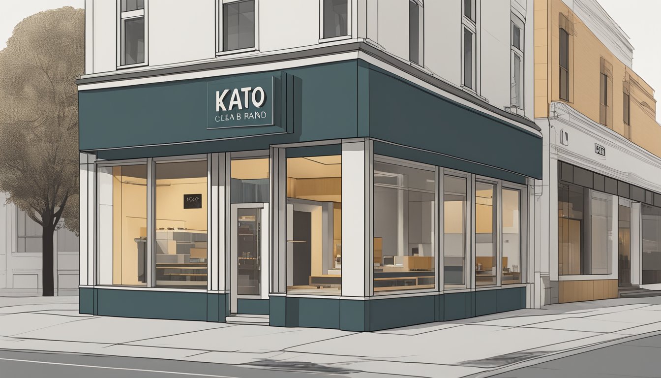 A sleek, minimalist storefront with bold, geometric signage. Clean lines and neutral colors showcase the modern yet classic aesthetic of Kato brand's timeless apparel