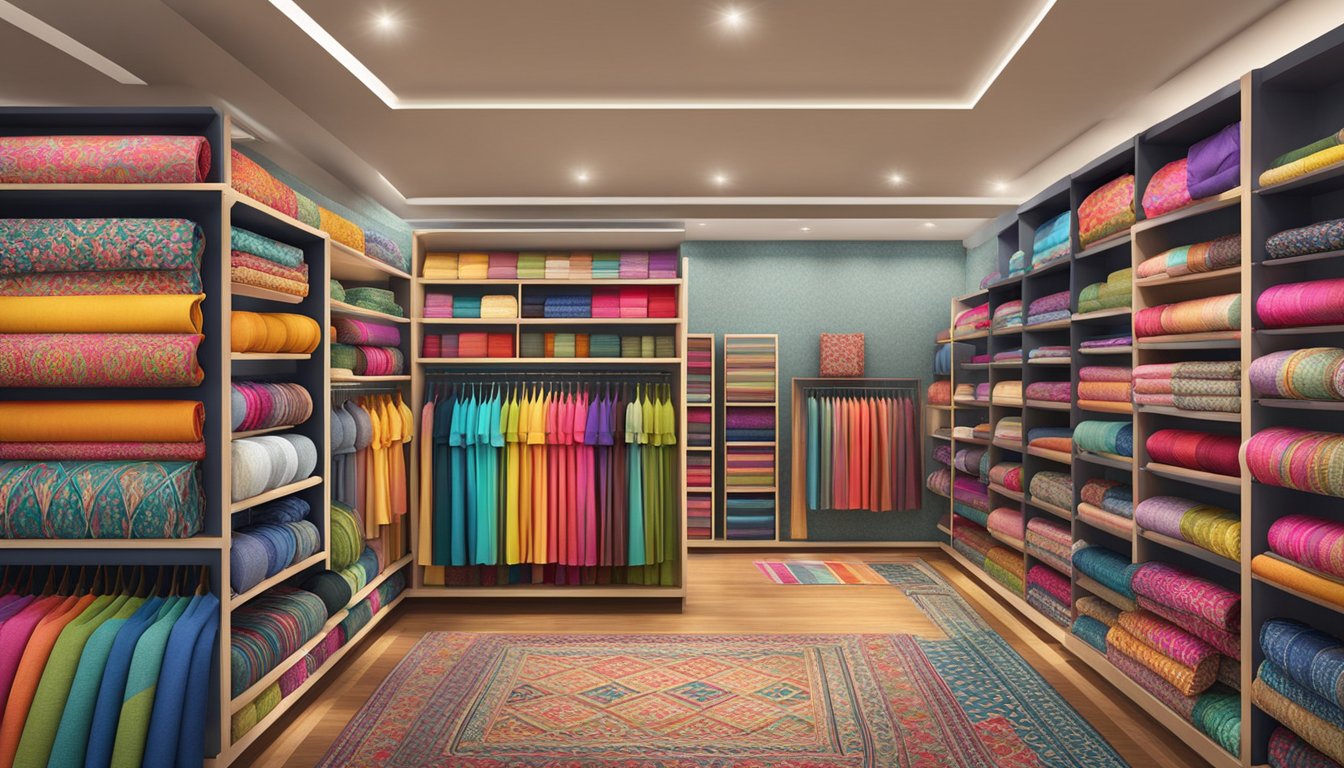 A colorful display of Khaadi lawn brands, with vibrant patterns and designs arranged neatly on shelves