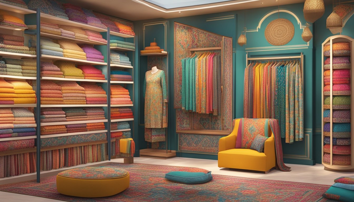 A vibrant display of Khaadi lawn collections, with colorful patterns and intricate designs, arranged neatly on shelves and racks in a well-lit store