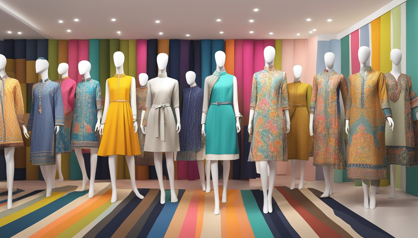 A colorful display of Khaadi lawn fabric rolls and mannequins, showcasing the latest ready-to-wear fashion designs by the brand