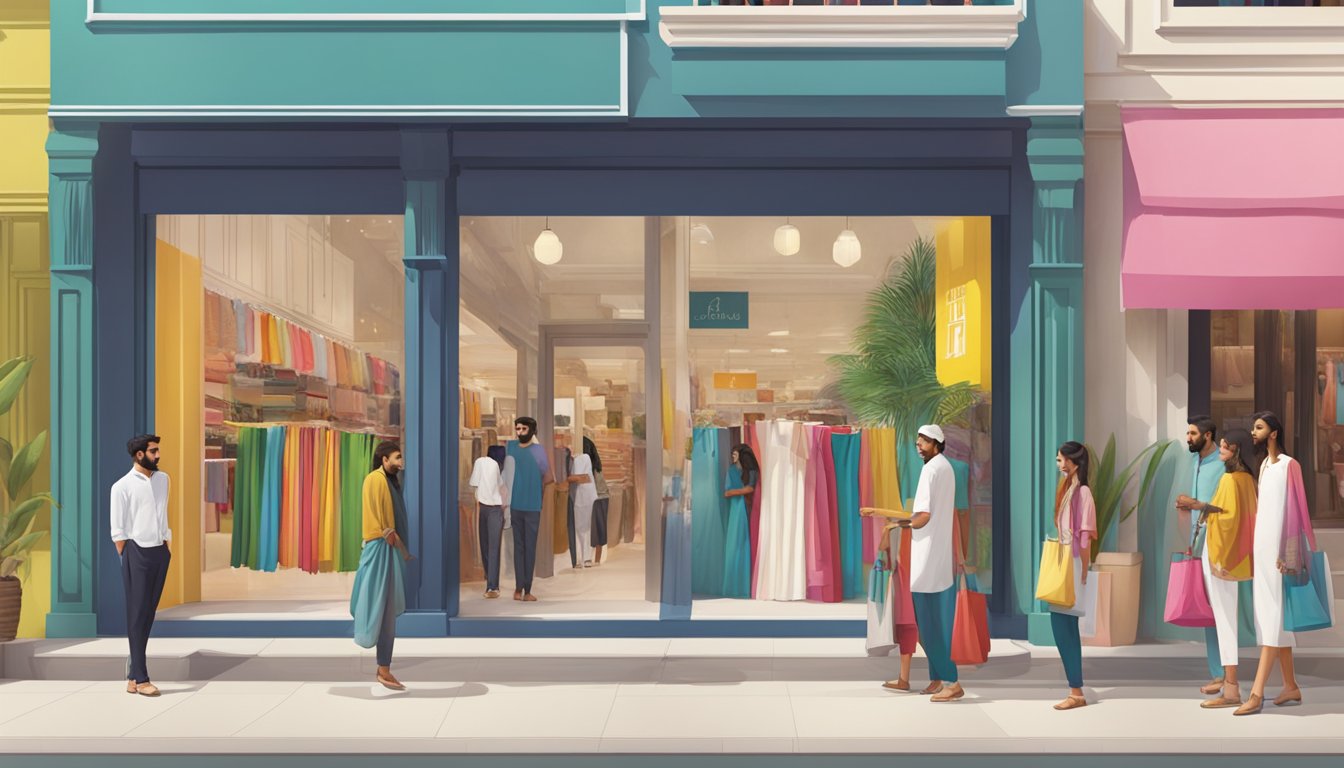 A line of customers waits outside a Khaadi store, while inside, staff members assist shoppers with colorful lawn fabrics and accessories