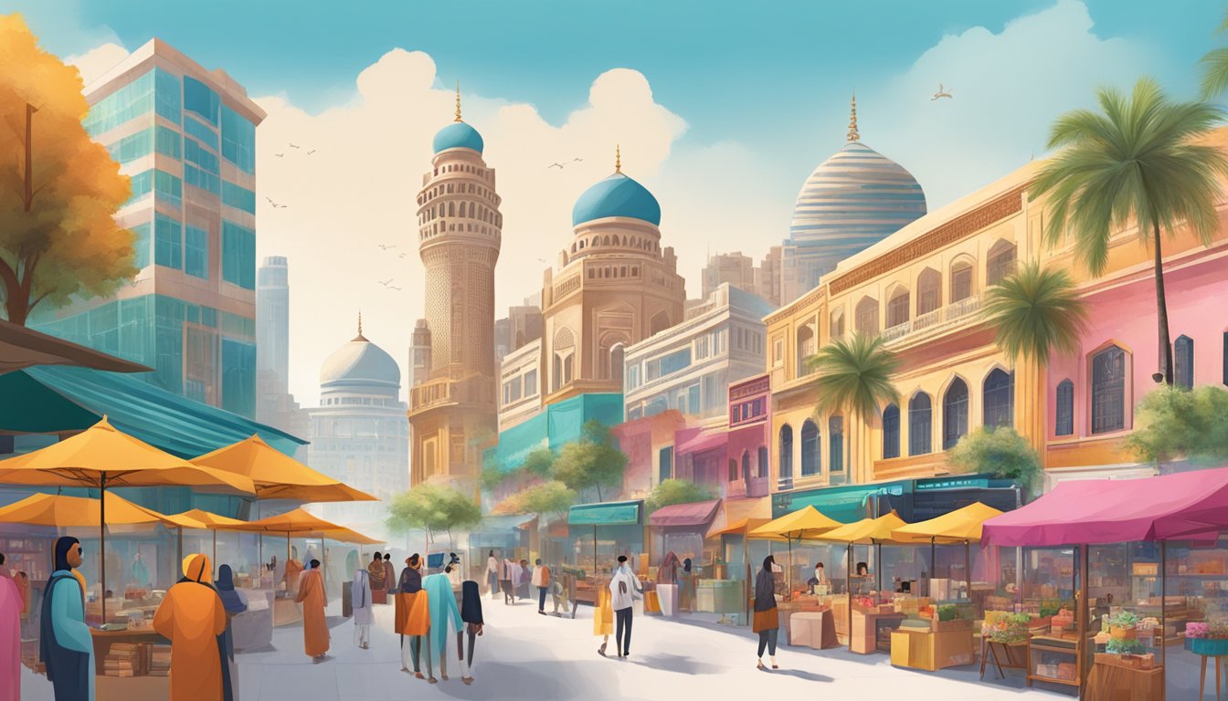 A vibrant, bustling cityscape with Khaadi's flagship stores prominently displayed, surrounded by diverse landscapes and iconic landmarks from around the world