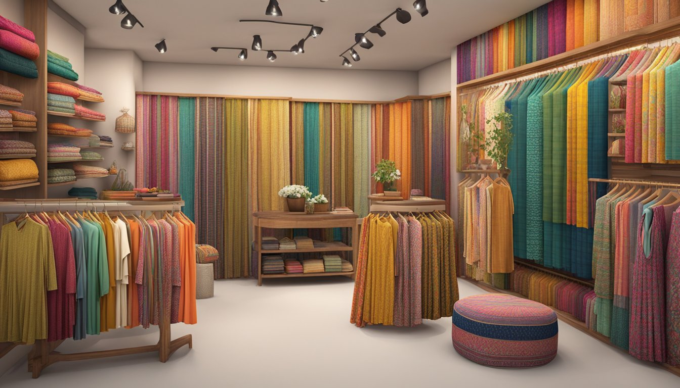 A colorful display of Khaadi lawn brands, ethically sourced and displayed in a boutique setting. Vibrant patterns and natural materials showcased