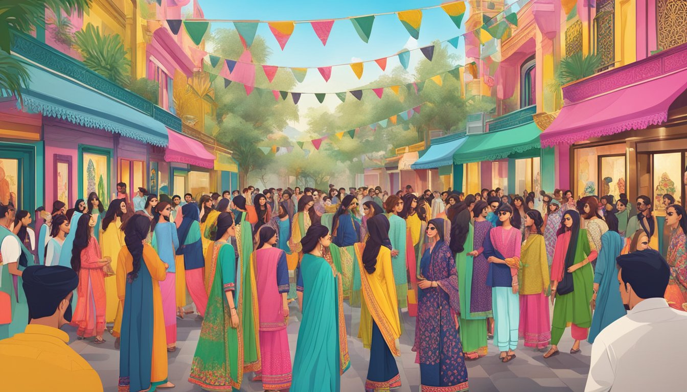 A vibrant display of Khaadi lawn brands with bold typography and colorful patterns, surrounded by curious onlookers