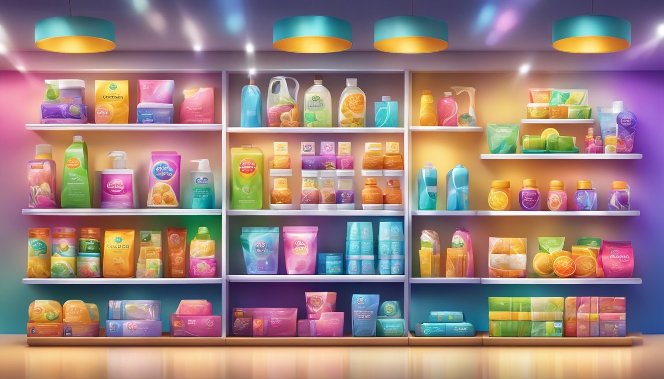 A colorful array of products displayed on shelves with a prominent brand logo. Bright lights illuminate the space, creating a welcoming atmosphere