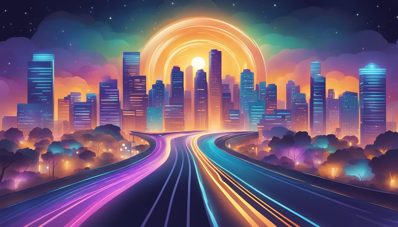 A brand's journey depicted as a winding road leading to a glowing, vibrant cityscape, with the brand's logo shining brightly in the center