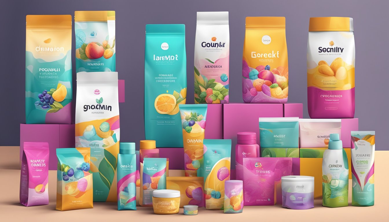 A colorful array of product packages arranged in a visually appealing display, with vibrant designs and clear branding elements