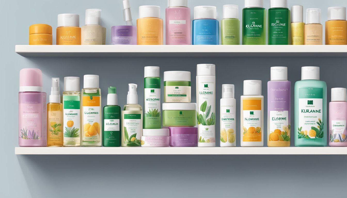 A display of Klorane brand product ranges arranged neatly on a shelf, with vibrant packaging and clear product labels
