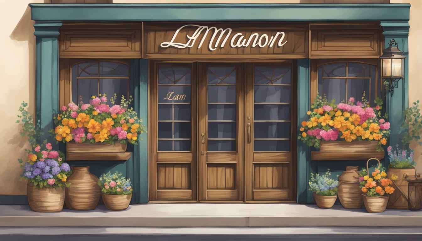 A rustic wooden sign hangs above a quaint storefront, adorned with vibrant flowers and the words "La Manon Brand" in elegant script