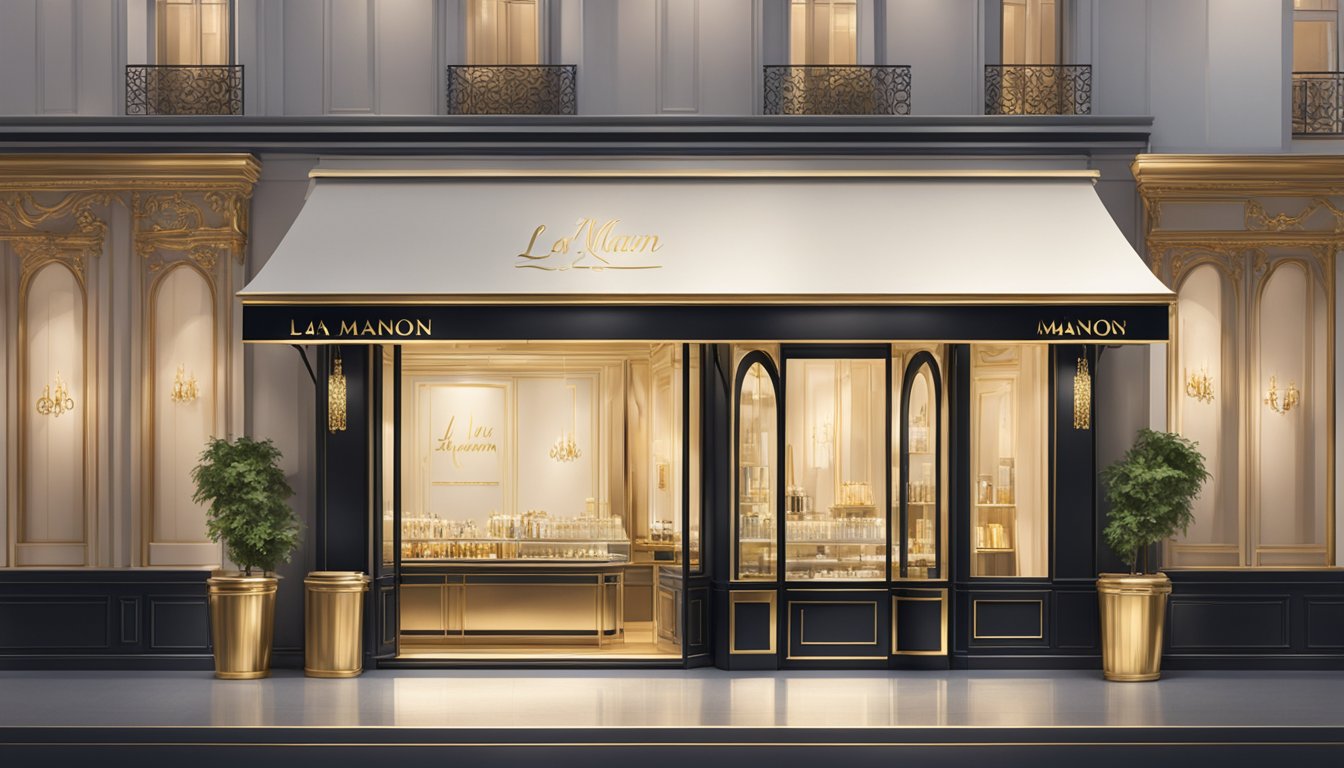 A luxurious, elegant storefront with gold accents and a sophisticated logo. The brand's name, "La Manon," is prominently displayed in stylish lettering
