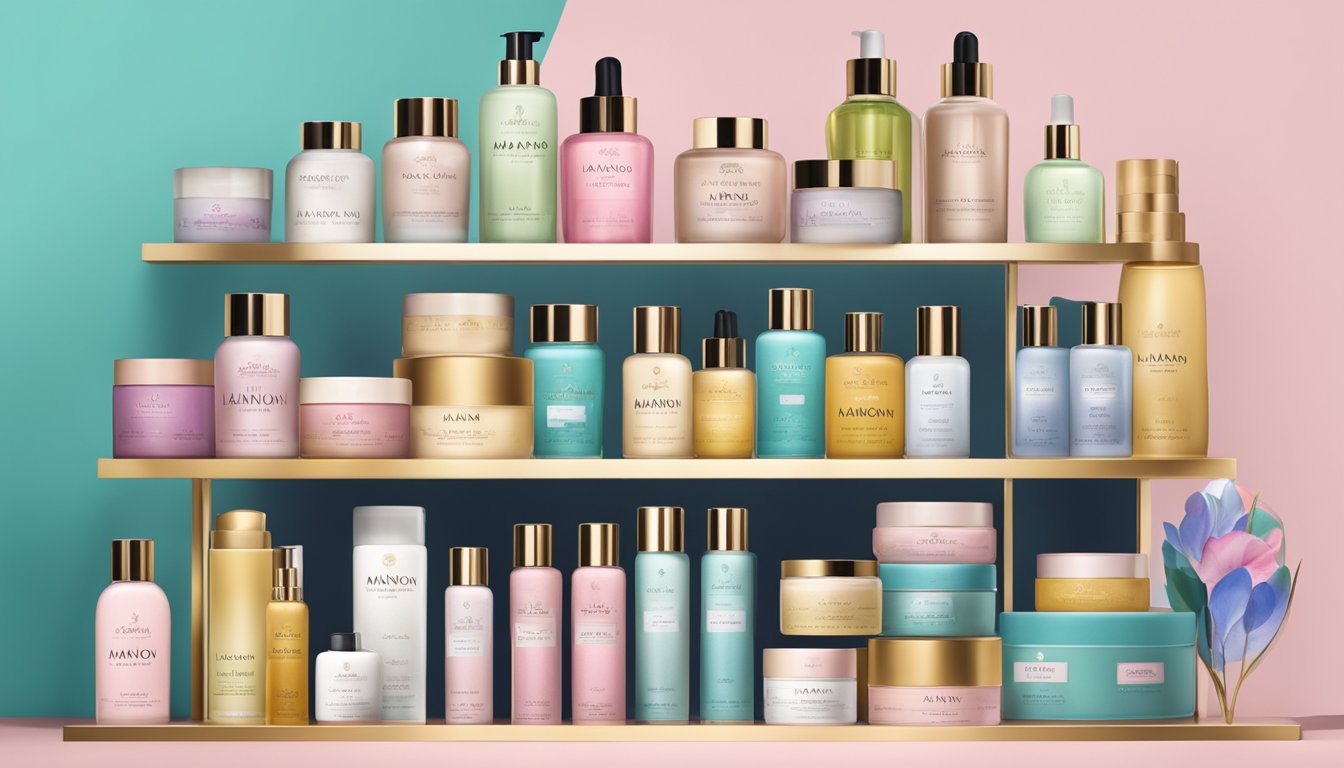 A colorful array of La Manon brand products arranged on a shelf, including skincare, cosmetics, and fragrances