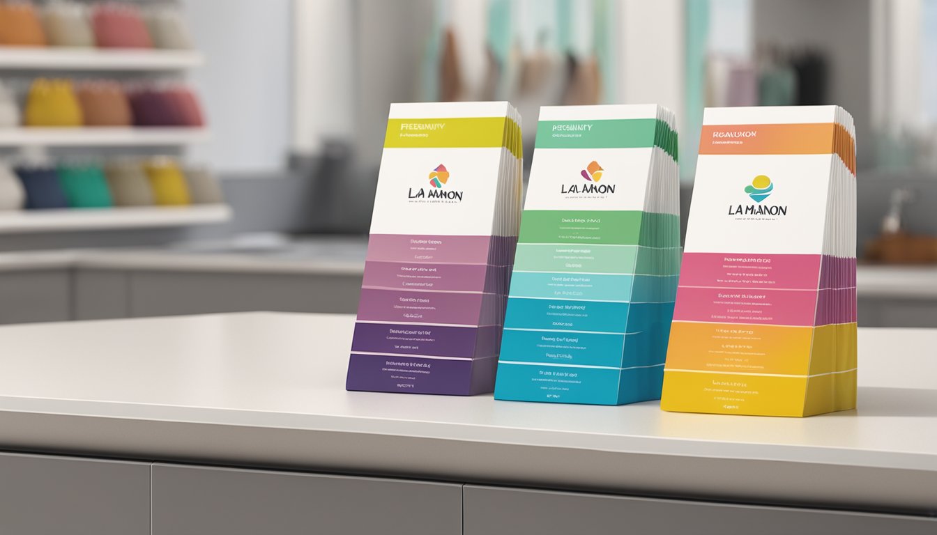 A stack of colorful "Frequently Asked Questions" pamphlets with "la manon" brand logo displayed on a clean, modern counter