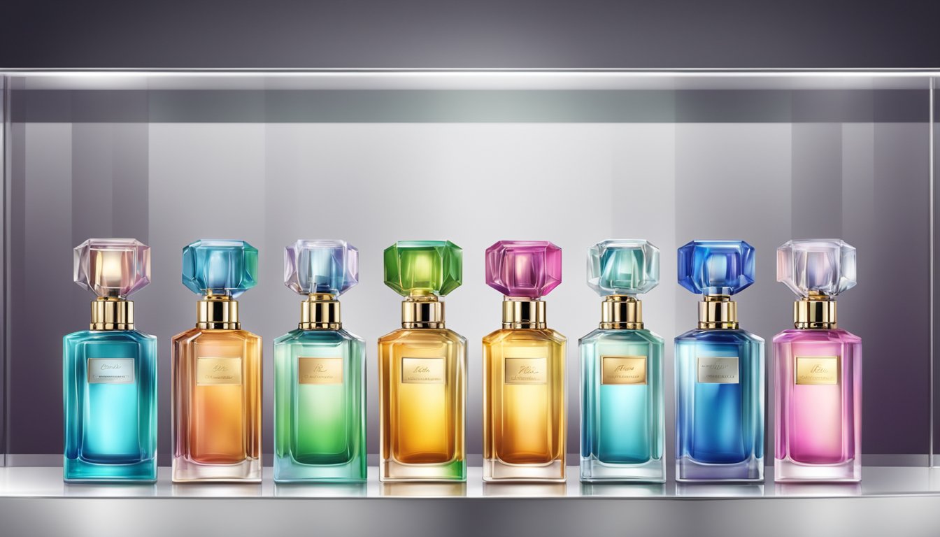 Various perfume bottles displayed on a glass shelf, each with a different brand and price tag. Bright lighting highlights the elegant designs and vibrant colors