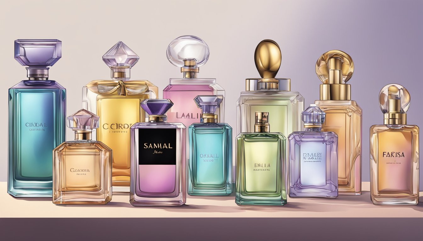 A table displays iconic perfume bottles with their creators' names. Price tags are visible next to each brand