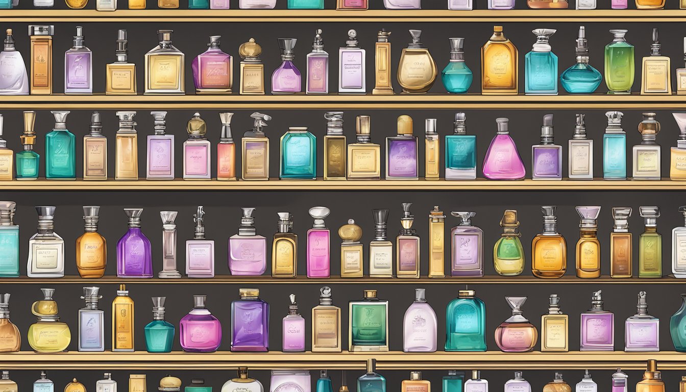A table displays various perfume bottles, emitting a range of scents. Price tags are visible next to each brand