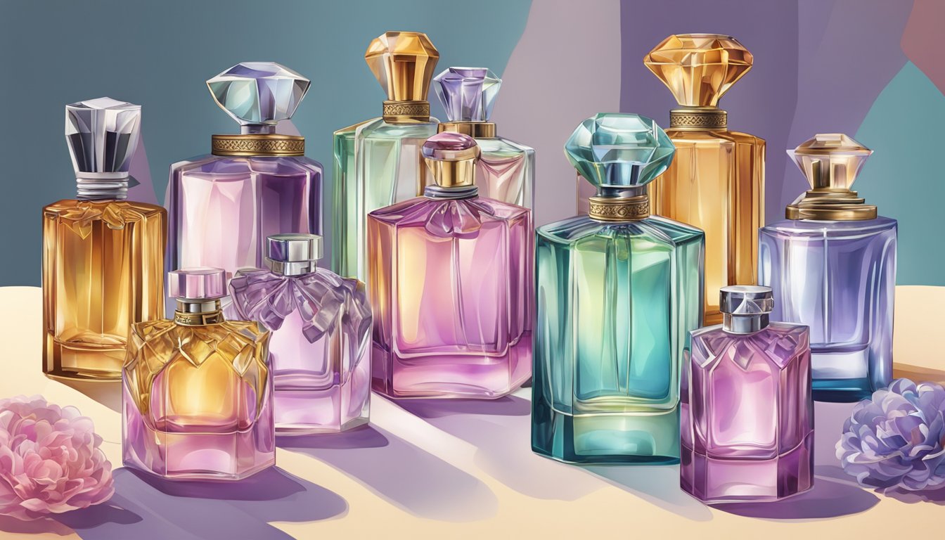 A table displaying various perfume bottles next to different outfits for different occasions