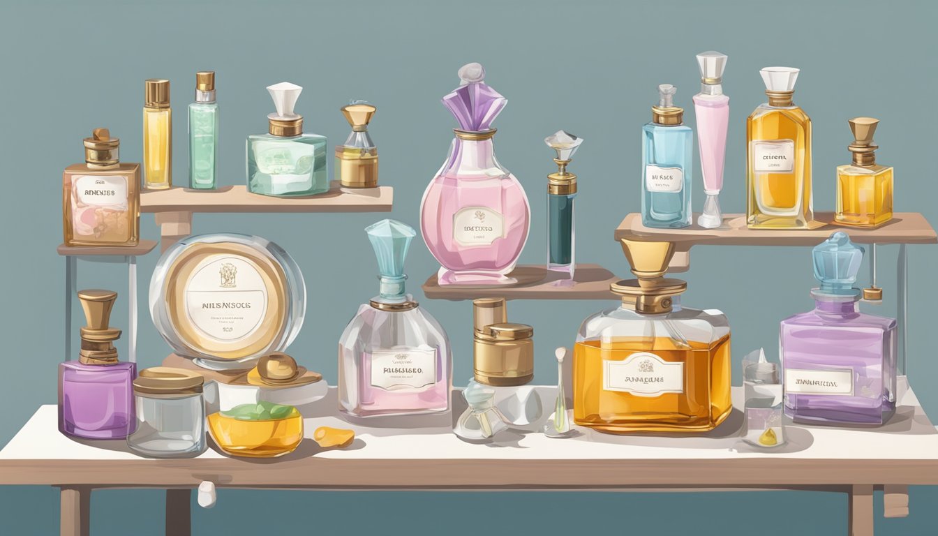 A table displays various perfume bottles with price tags. A scale, measuring cups, and ingredients are arranged nearby