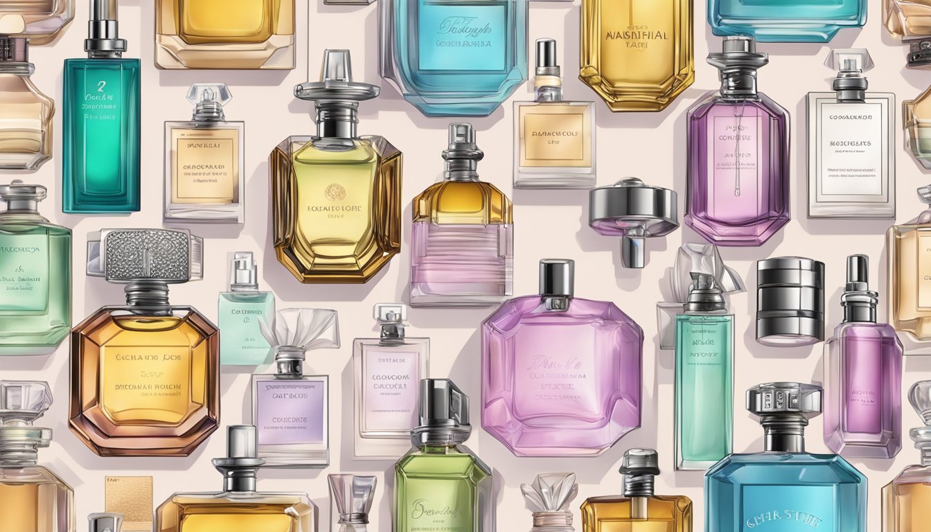 A display of various perfume bottles with price tags, surrounded by a list of frequently asked questions about the different ladies' perfume brands