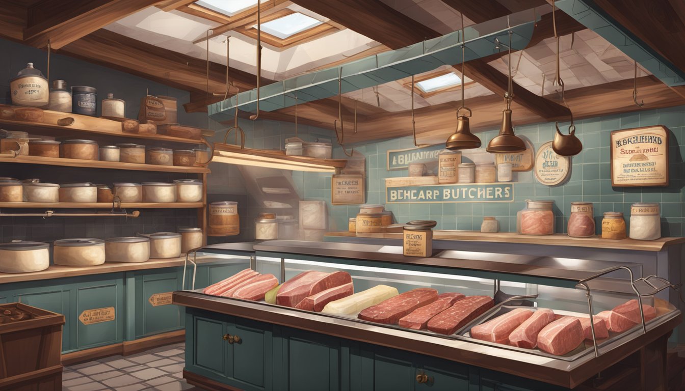 A vintage butcher shop with shelves of lard brands from the UK. A traditional scale and meat hooks hang from the ceiling