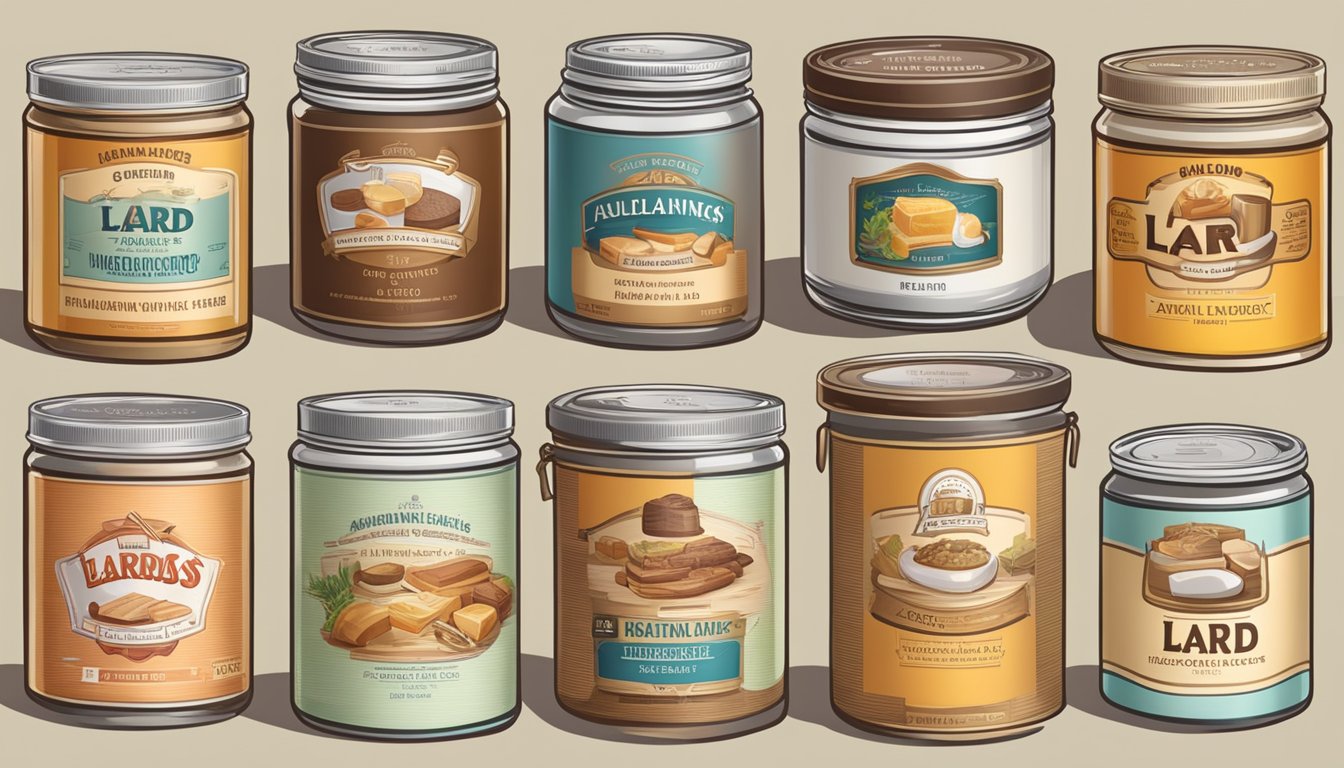 A variety of lard brands displayed with labels and their corresponding uses in cooking and baking