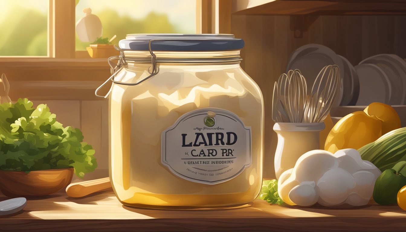 A jar of lard sits on a wooden kitchen counter, surrounded by fresh ingredients and cooking utensils. Sunlight streams in through the window, highlighting the golden hue of the lard